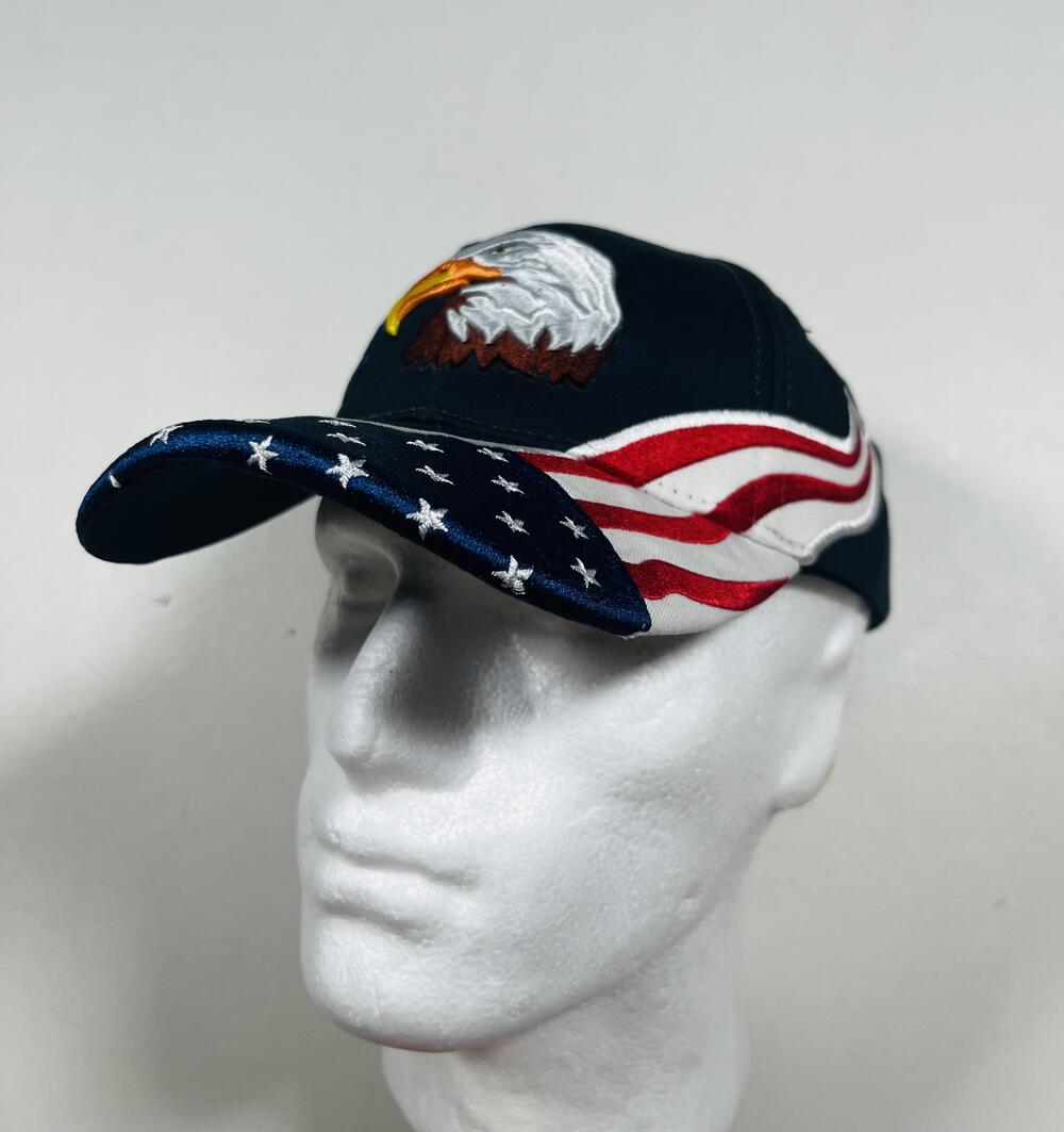 Hat Cap Strap Back Mens One Size Navy Eagle USA Stripes Flag Patriotic Baseball